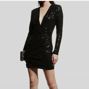SHO Women’s Black Sequin Deep V Neck long sleeve dress